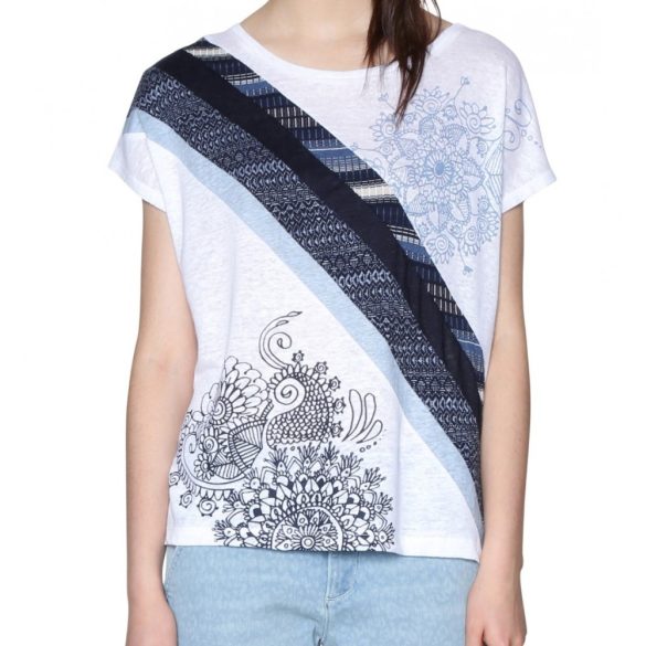 Desigual kék fehér vékony lenvászon női póló Ts Bernice(XS)