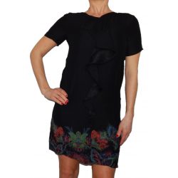 Desigual fekete színes virágos rövidujjú fodros női ruha Vest Octavio